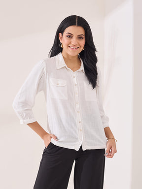 Latin Quarters Women's White Solid 3/4th Sleeve Collar Neck Casual Shirt