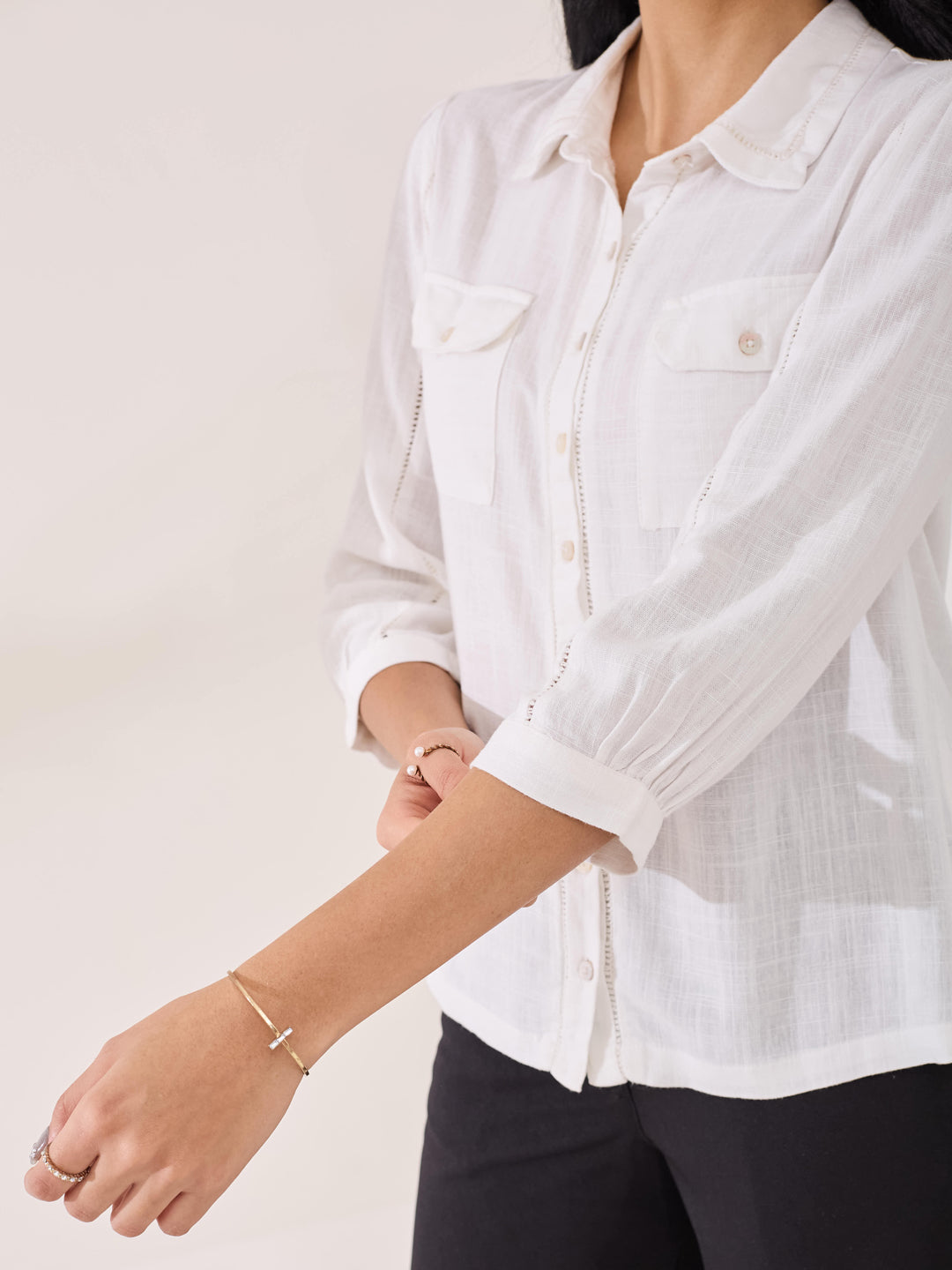 Latin Quarters Women's White Solid 3/4th Sleeve Collar Neck Casual Shirt