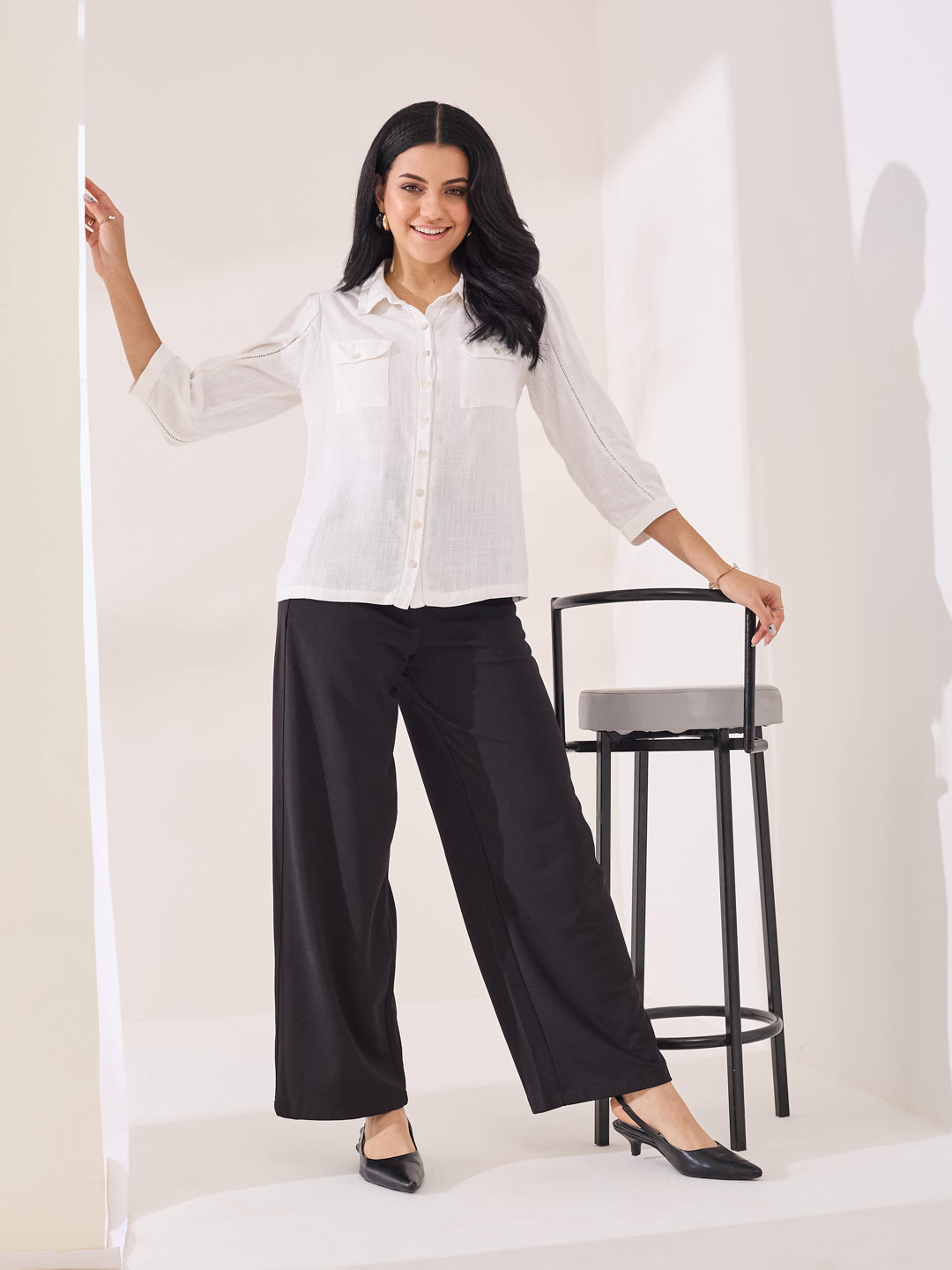 Latin Quarters Women's White Solid 3/4th Sleeve Collar Neck Casual Shirt