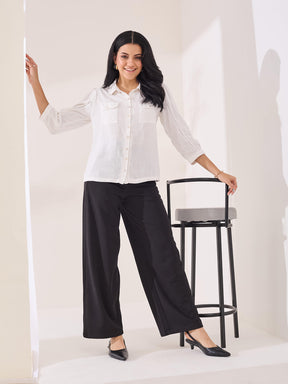 Latin Quarters Women's White Solid 3/4th Sleeve Collar Neck Casual Shirt