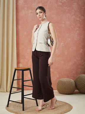Latin Quarters Women's Beige Sleeveless Solid Round Neck Formal Waistcoat