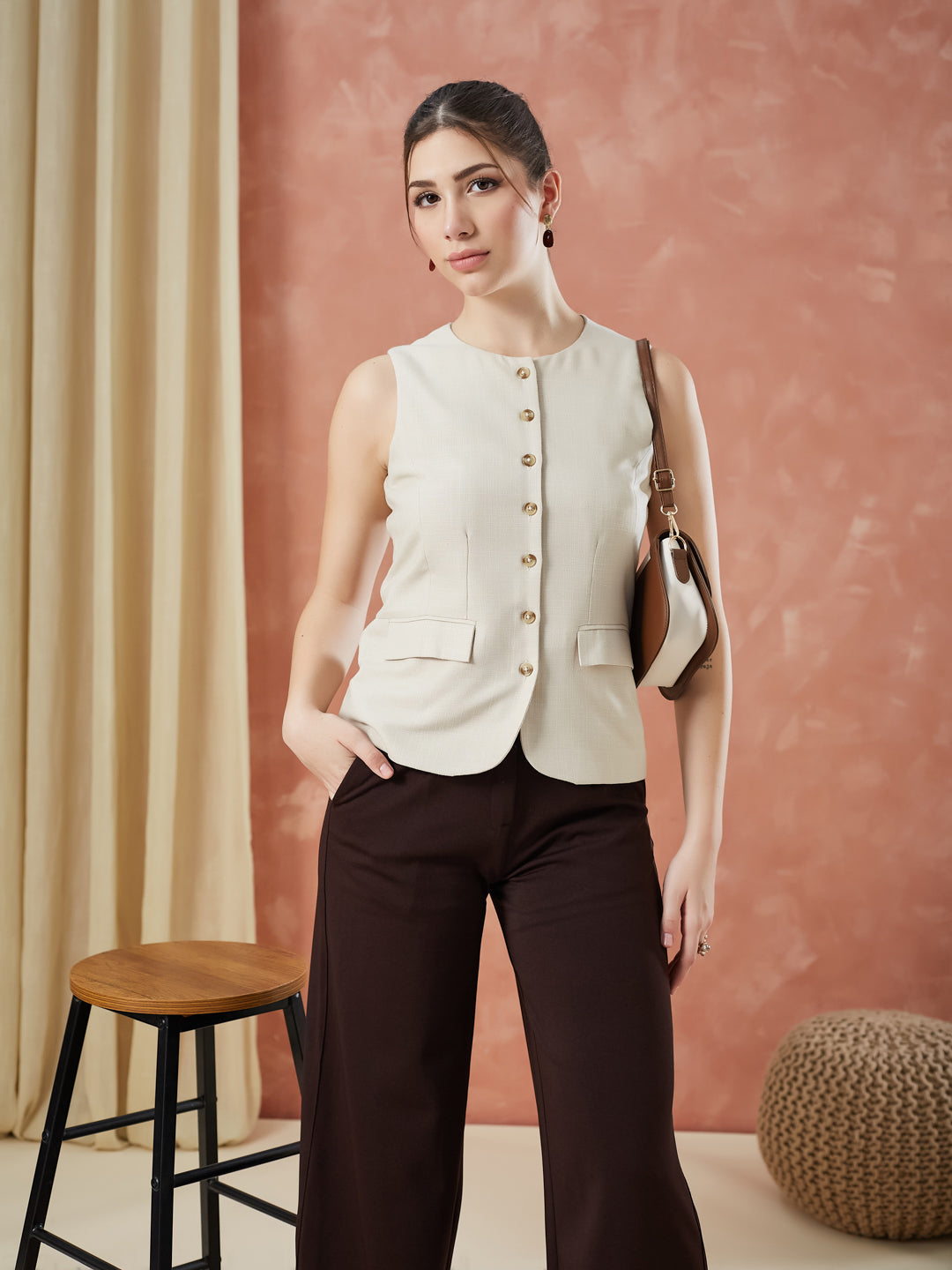 Latin Quarters Women's Beige Sleeveless Solid Round Neck Formal Waistcoat