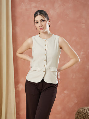 Latin Quarters Women's Beige Sleeveless Solid Round Neck Formal Waistcoat