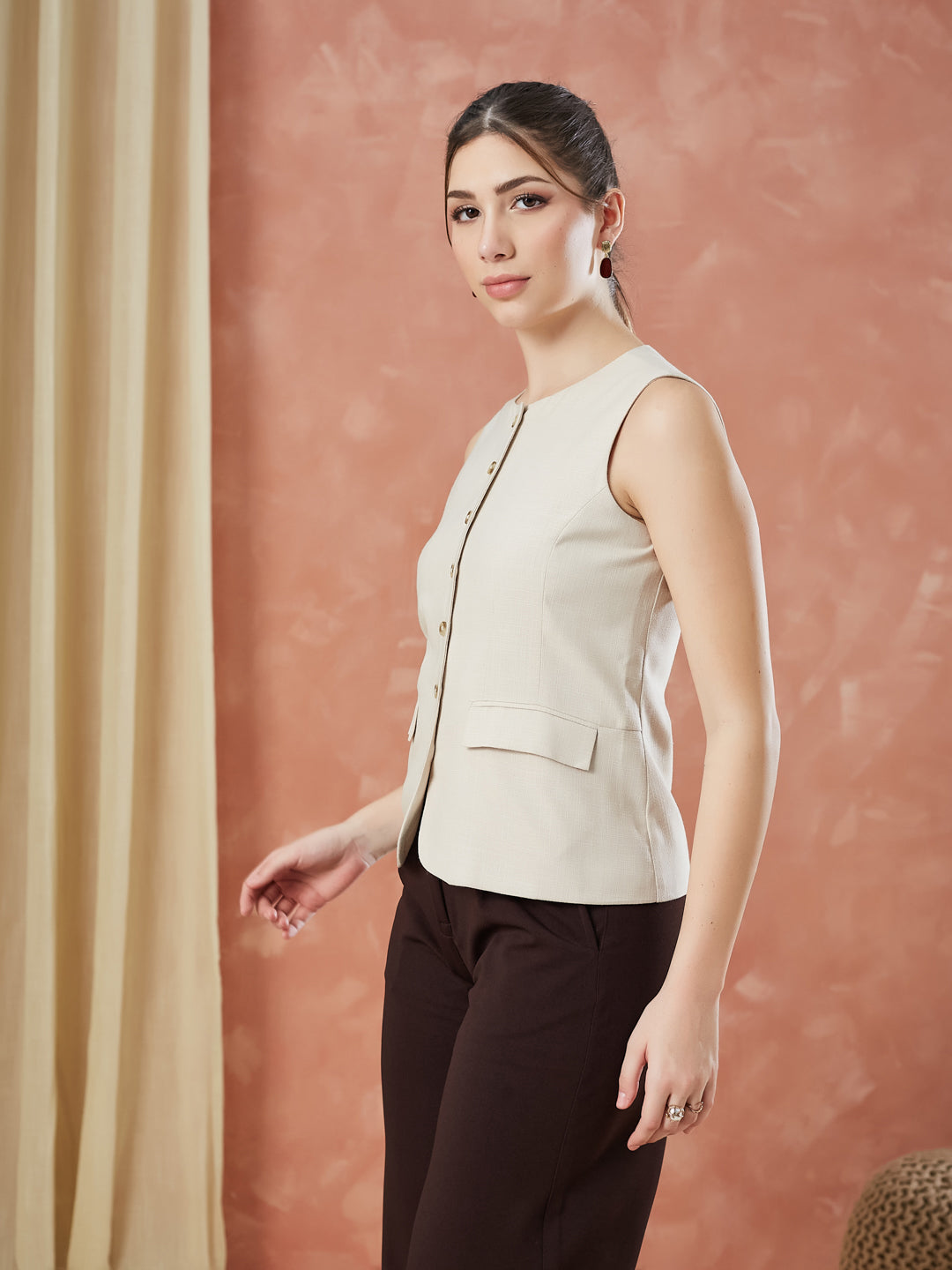 Latin Quarters Women's Beige Sleeveless Solid Round Neck Formal Waistcoat