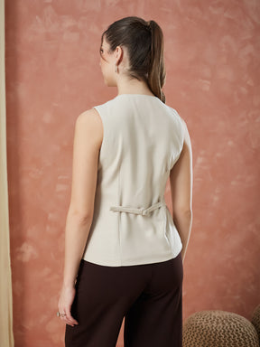 Latin Quarters Women's Beige Sleeveless Solid Round Neck Formal Waistcoat