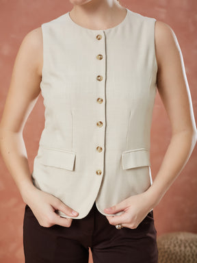 Latin Quarters Women's Beige Sleeveless Solid Round Neck Formal Waistcoat