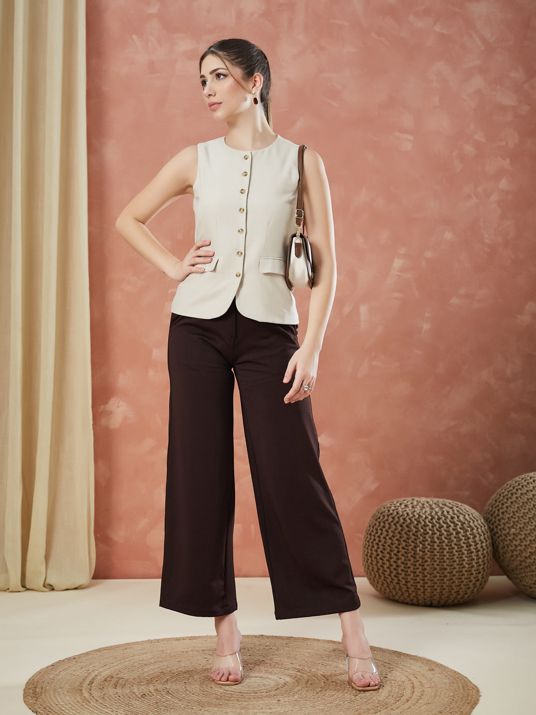 Latin Quarters Women's Beige Sleeveless Solid Round Neck Formal Waistcoat