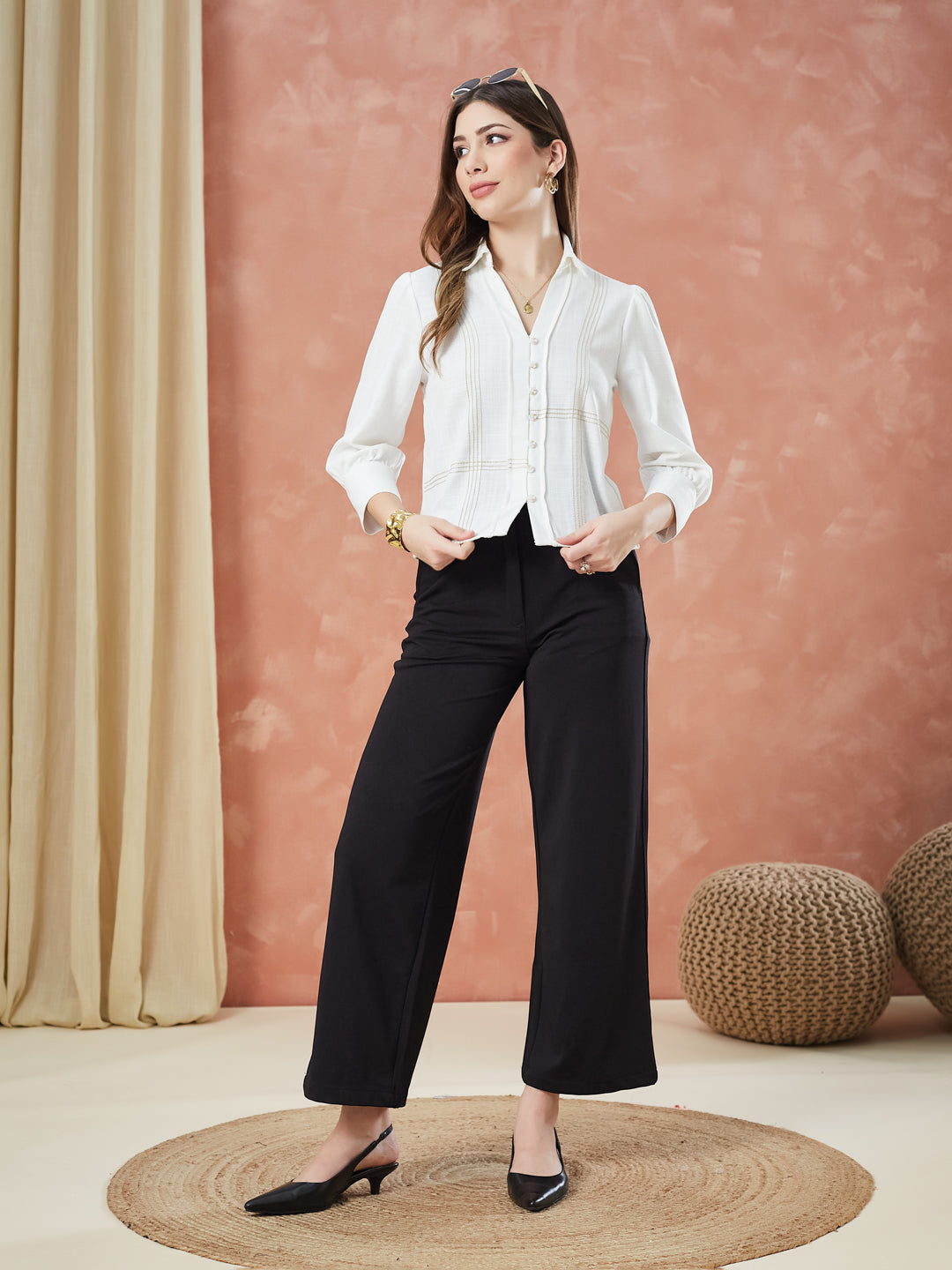 Latin Quarters Women's Ivory 3/4Th Sleeves Solid Collar Neck Formal Shirt
