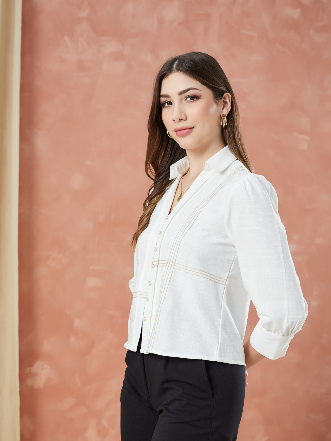 Latin Quarters Women's Ivory 3/4Th Sleeves Solid Collar Neck Formal Shirt