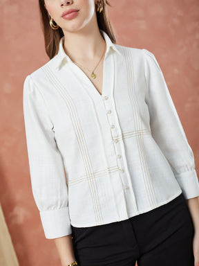 Latin Quarters Women's Ivory 3/4Th Sleeves Solid Collar Neck Formal Shirt