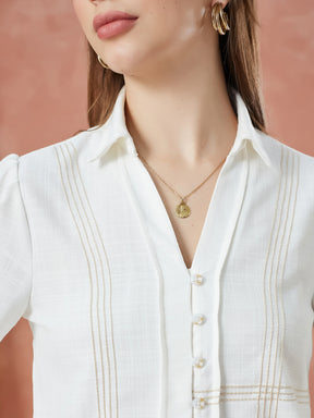 Latin Quarters Women's Ivory 3/4Th Sleeves Solid Collar Neck Formal Shirt