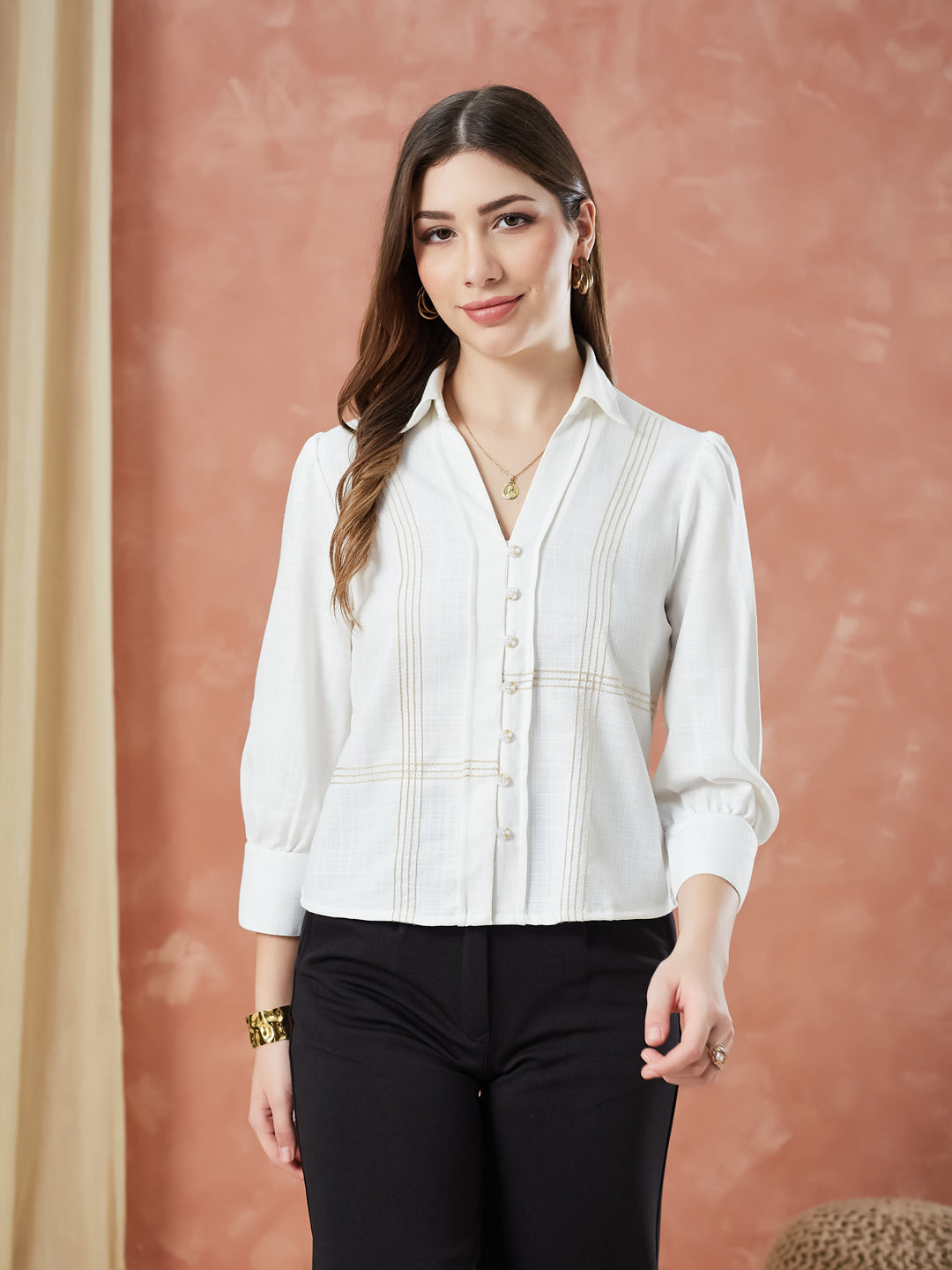 Latin Quarters Women's Ivory 3/4Th Sleeves Solid Collar Neck Formal Shirt
