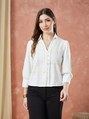 Latin Quarters Women's Ivory 3/4Th Sleeves Solid Collar Neck Formal Shirt
