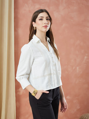 Latin Quarters Women's Ivory 3/4Th Sleeves Solid Collar Neck Formal Shirt