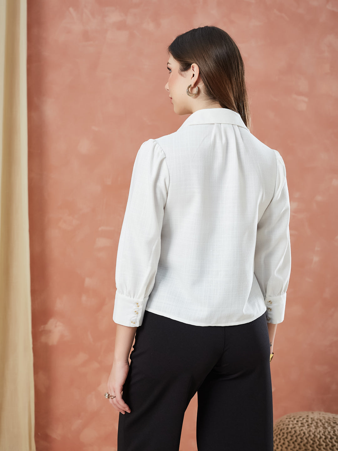 Latin Quarters Women's Ivory 3/4Th Sleeves Solid Collar Neck Formal Shirt
