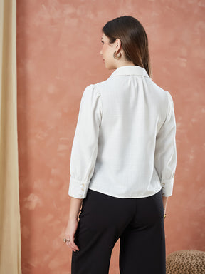 Latin Quarters Women's Ivory 3/4Th Sleeves Solid Collar Neck Formal Shirt