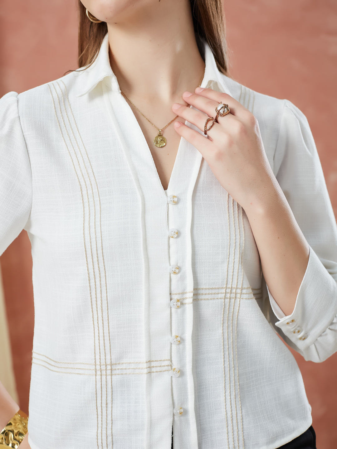 Latin Quarters Women's Ivory 3/4Th Sleeves Solid Collar Neck Formal Shirt