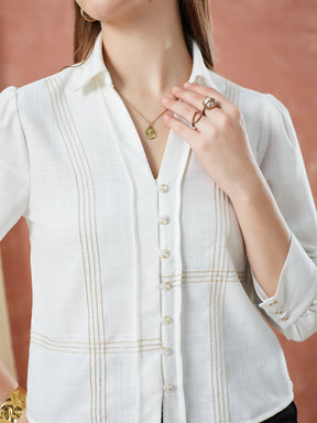 Latin Quarters Women's Ivory 3/4Th Sleeves Solid Collar Neck Formal Shirt