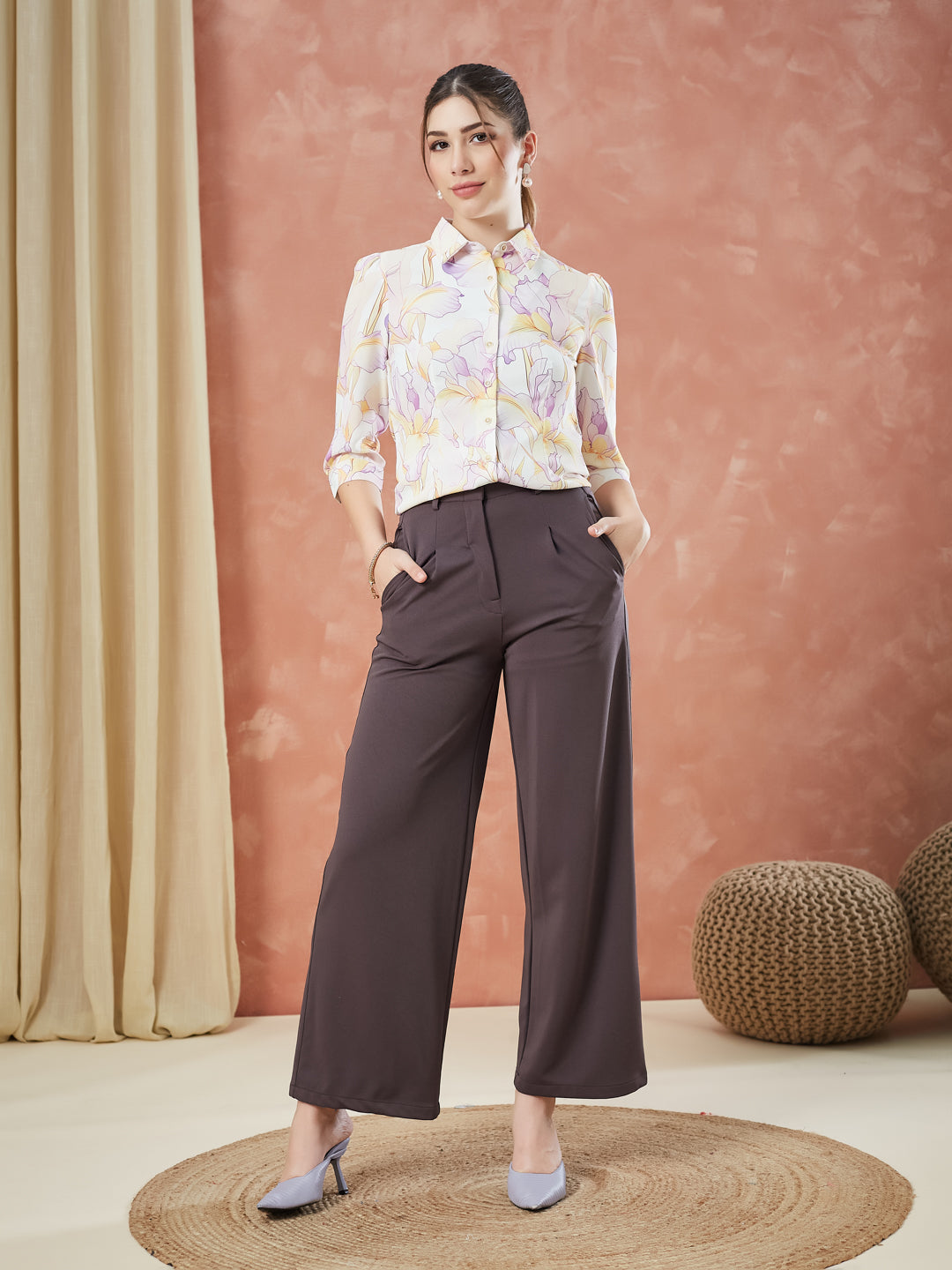 Latin Quarters Women's Ivory 3/4Th Sleeves Printed Collar Neck Formal Shirt
