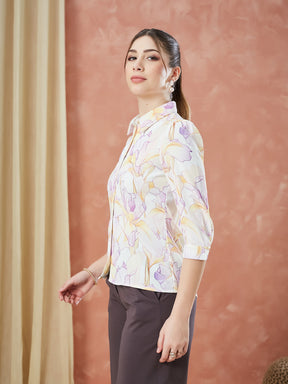 Latin Quarters Women's Ivory 3/4Th Sleeves Printed Collar Neck Formal Shirt
