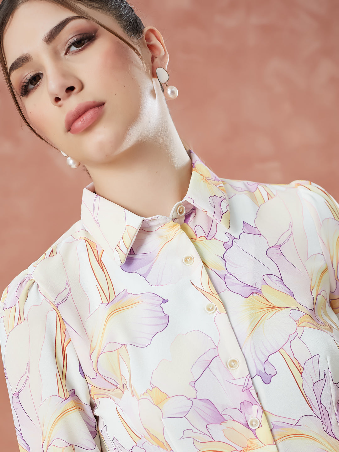 Latin Quarters Women's Ivory 3/4Th Sleeves Printed Collar Neck Formal Shirt