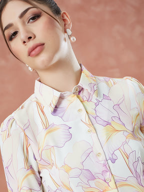 Latin Quarters Women's Ivory 3/4Th Sleeves Printed Collar Neck Formal Shirt
