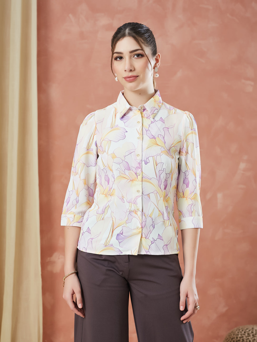 Latin Quarters Women's Ivory 3/4Th Sleeves Printed Collar Neck Formal Shirt