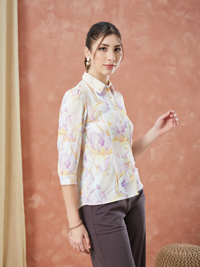 Latin Quarters Women's Ivory 3/4Th Sleeves Printed Collar Neck Formal Shirt