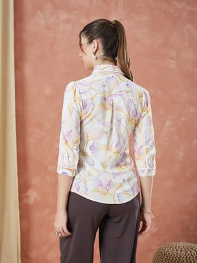 Latin Quarters Women's Ivory 3/4Th Sleeves Printed Collar Neck Formal Shirt