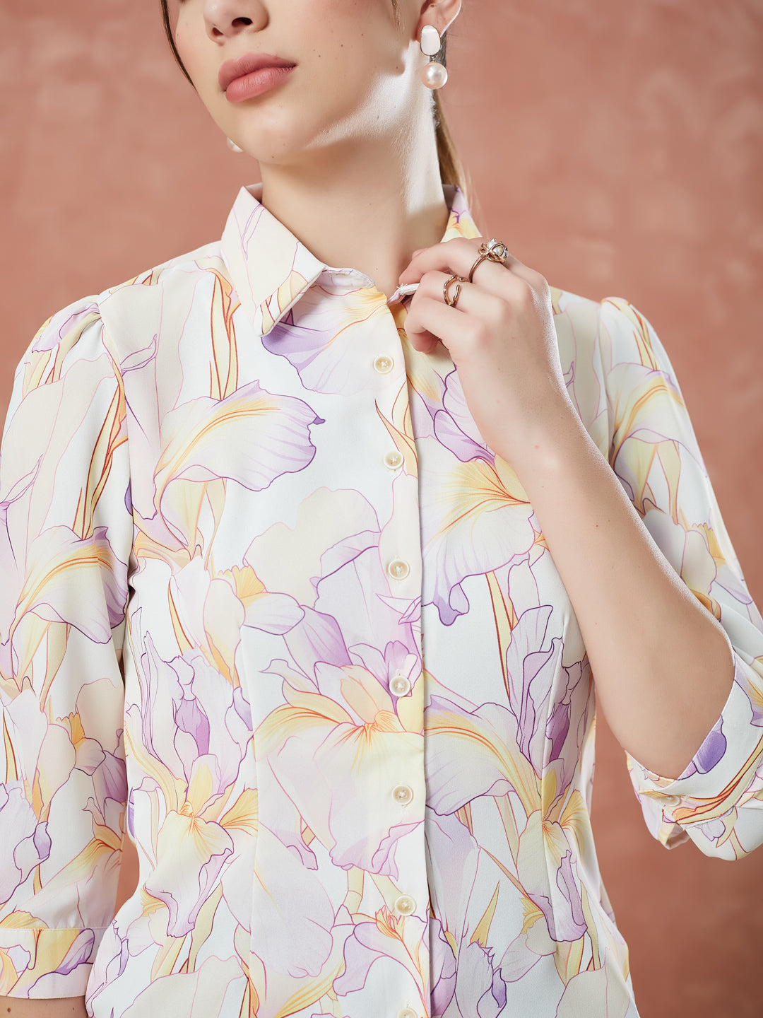 Latin Quarters Women's Ivory 3/4Th Sleeves Printed Collar Neck Formal Shirt