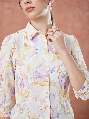 Latin Quarters Women's Ivory 3/4Th Sleeves Printed Collar Neck Formal Shirt