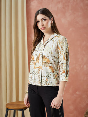 Latin Quarters Women's Ivory 3/4Th Sleeves Printed V-Neck Casual Top