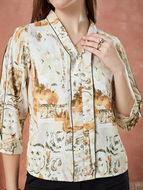 Latin Quarters Women's Ivory 3/4Th Sleeves Printed V-Neck Casual Top