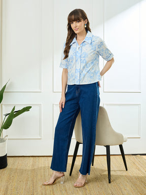 Latin Quarters Women's Blue Half Sleeves Collar Neck Casual Printed Top