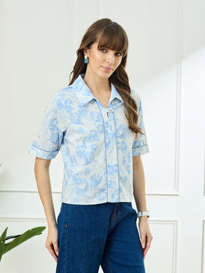Latin Quarters Women's Blue Half Sleeves Collar Neck Casual Printed Top