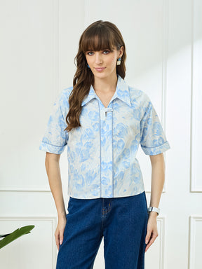 Latin Quarters Women's Blue Half Sleeves Collar Neck Casual Printed Top