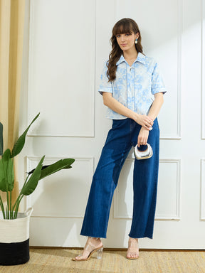 Latin Quarters Women's Blue Half Sleeves Collar Neck Casual Printed Top