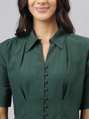 Latin Quarters Women's Green Half Sleeves Solid Collar Neck Formal Top