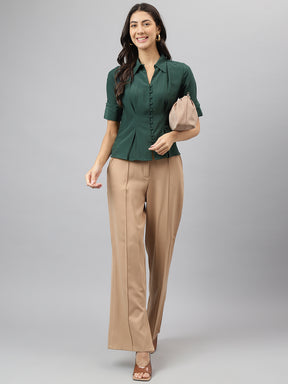 Latin Quarters Women's Green Half Sleeves Solid Collar Neck Formal Top