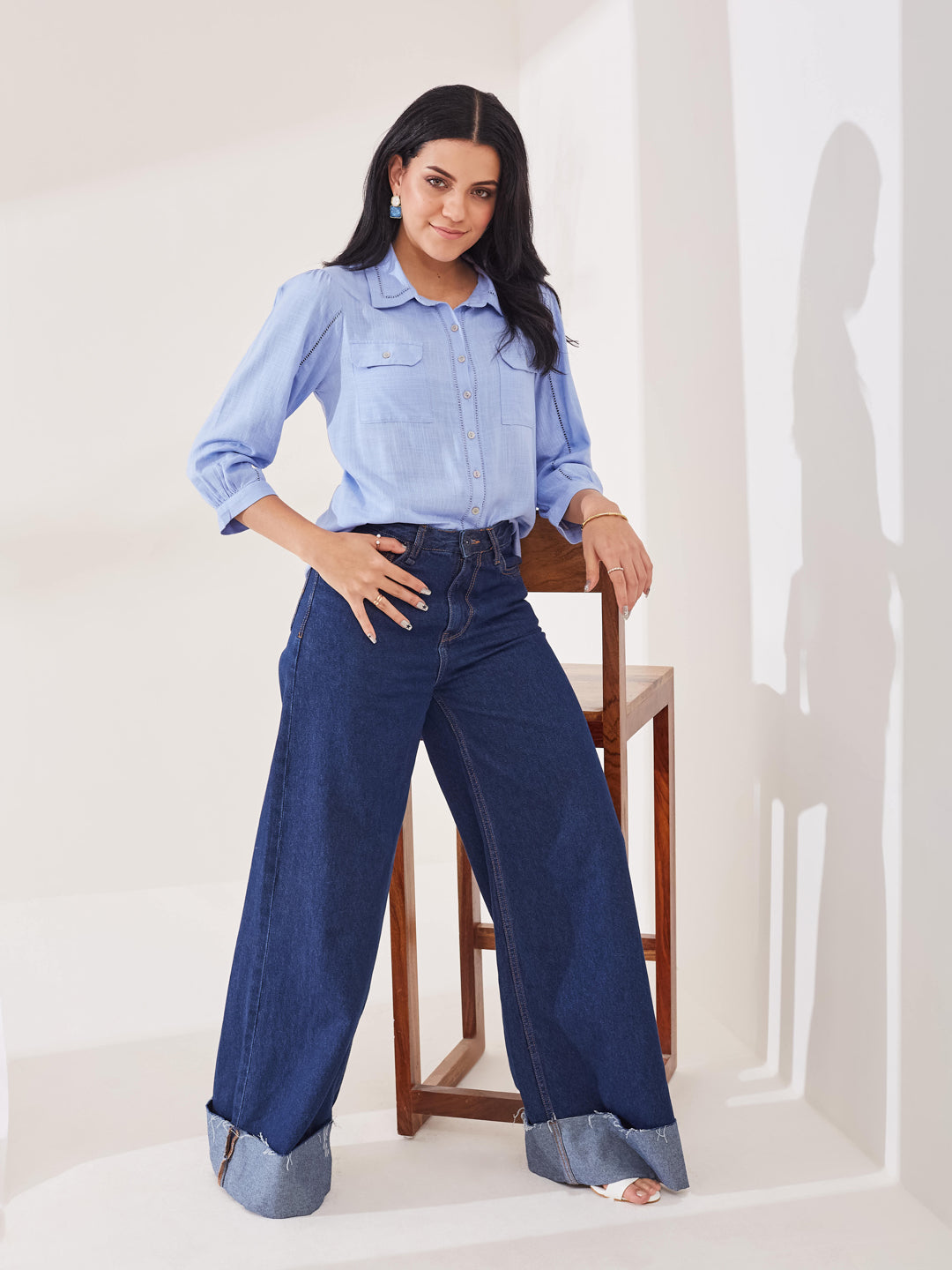 Latin Quarters Women's Blue Solid 3/4th Sleeve Collar Neck Casual Shirt