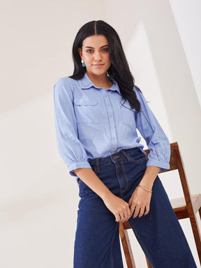 Latin Quarters Women's Blue Solid 3/4th Sleeve Collar Neck Casual Shirt