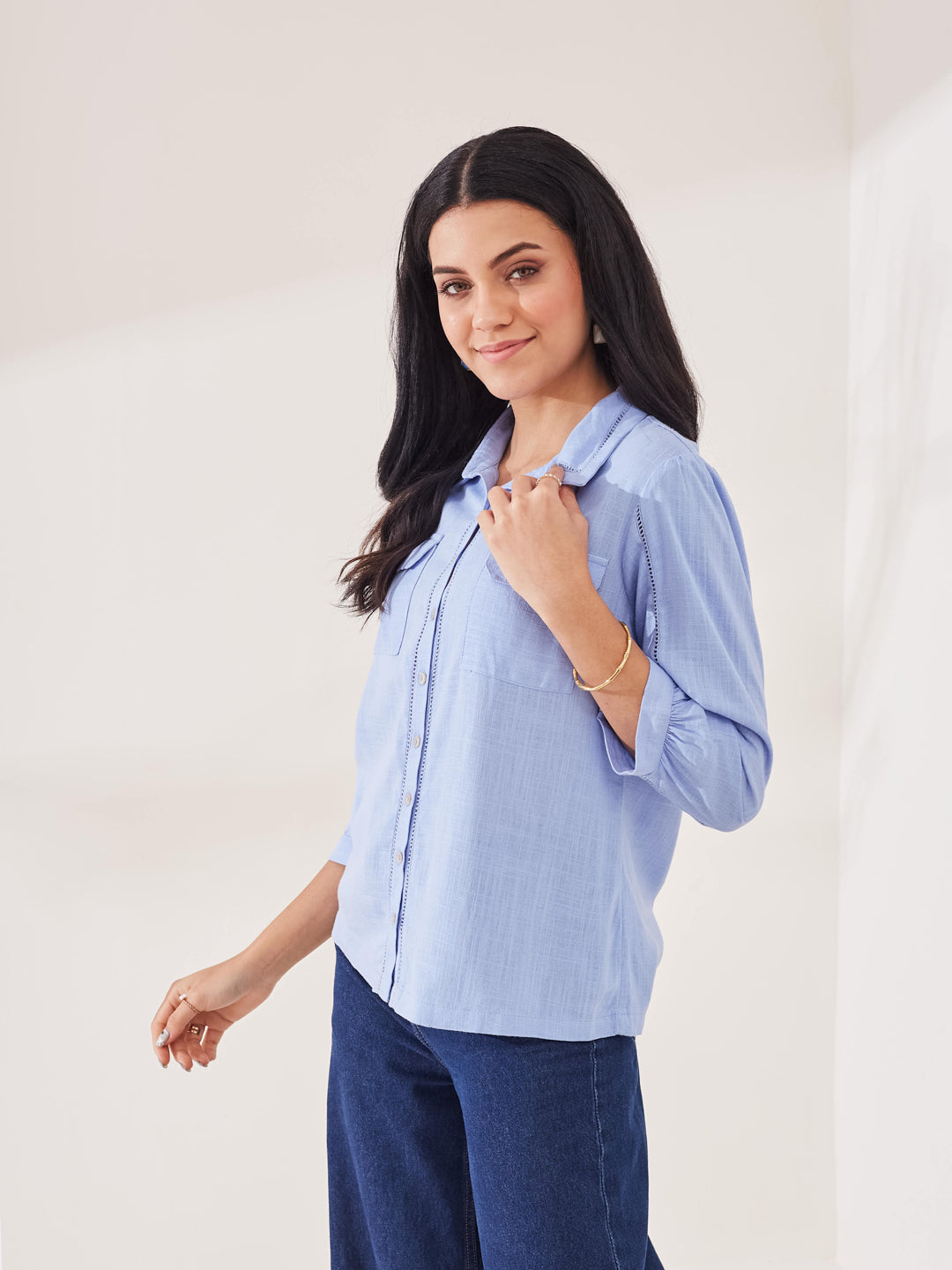 Latin Quarters Women's Blue Solid 3/4th Sleeve Collar Neck Casual Shirt
