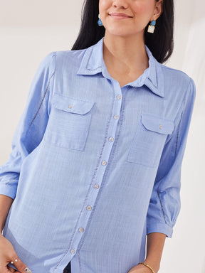 Latin Quarters Women's Blue Solid 3/4th Sleeve Collar Neck Casual Shirt