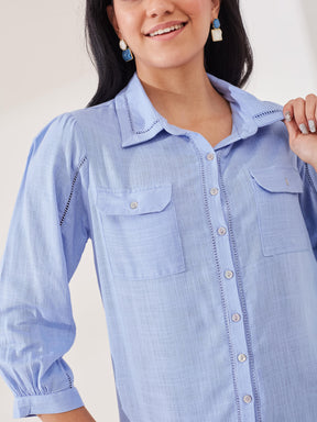 Latin Quarters Women's Blue Solid 3/4th Sleeve Collar Neck Casual Shirt