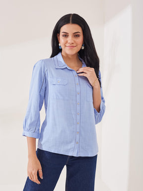 Latin Quarters Women's Blue Solid 3/4th Sleeve Collar Neck Casual Shirt