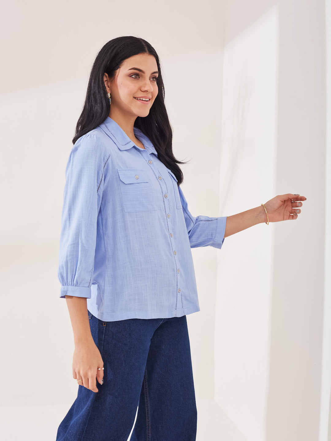 Latin Quarters Women's Blue Solid 3/4th Sleeve Collar Neck Casual Shirt