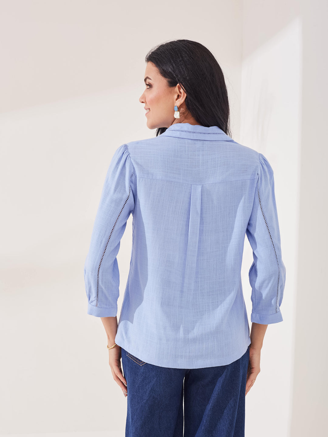 Latin Quarters Women's Blue Solid 3/4th Sleeve Collar Neck Casual Shirt