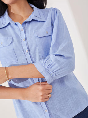 Latin Quarters Women's Blue Solid 3/4th Sleeve Collar Neck Casual Shirt