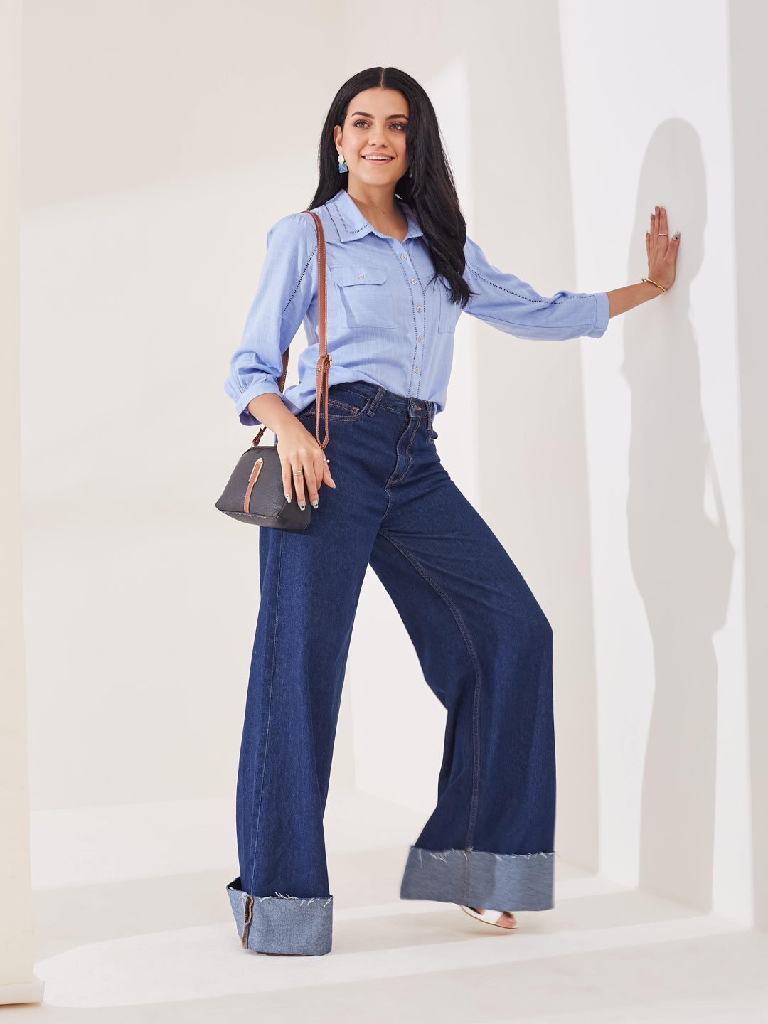 Latin Quarters Women's Blue Solid 3/4th Sleeve Collar Neck Casual Shirt