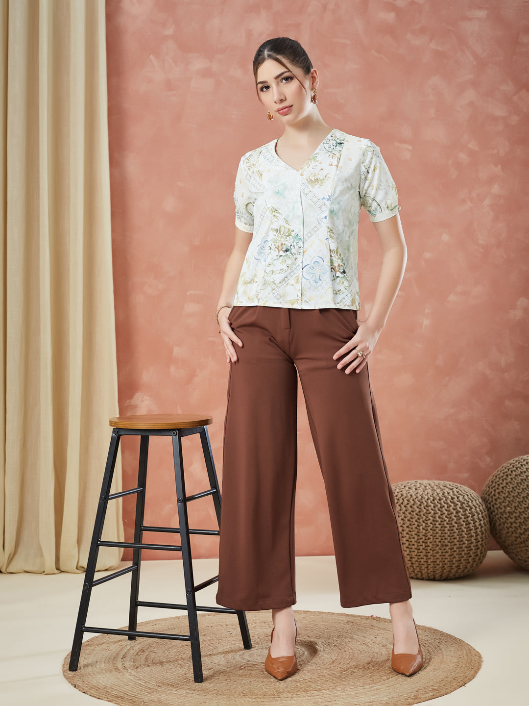 Latin Quarters Women's Ivory Half Sleeves Printed V-Neck Casual Top